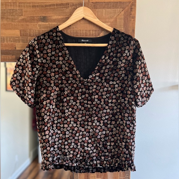 Madewell Velvet Tulip-Sleeve Ruffle Top in Petite Blooms x-small - Picture 3 of 7